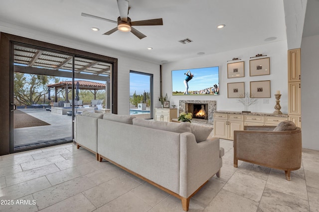 living room with ceiling fan