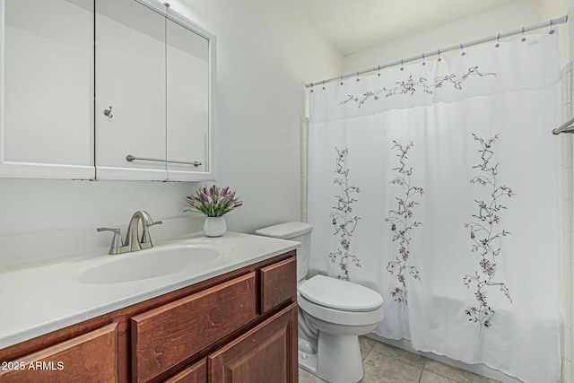 6051 E Ensenada St, Mesa, AZ 85205 - bathroom featuring vanity, toilet, curtained shower, and tile patterned floors
