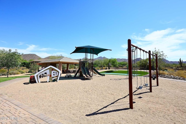 view of play area with a mountain view