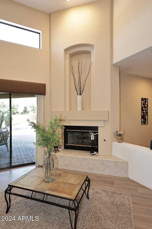 living room with wood-type flooring and a high ceiling