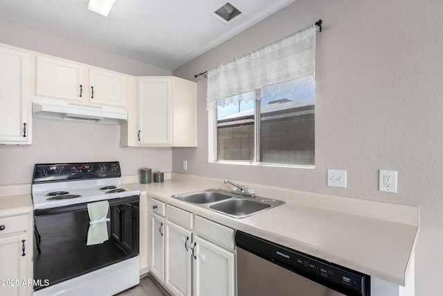 kitchen with electric range oven, stainless steel dishwasher, light countertops, under cabinet range hood, and a sink