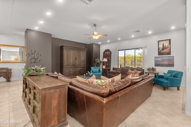 7145 E Cuernavaco Way, Gold Canyon, AZ 85118 - living room with visible vents, ceiling fan, recessed lighting, and light tile patterned floors