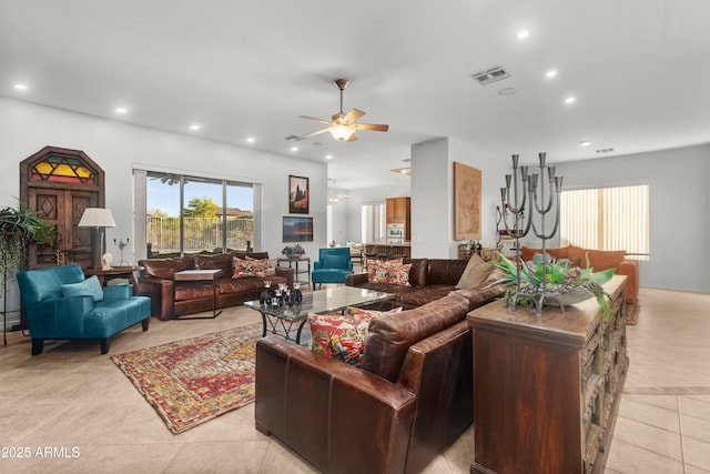 7145 E Cuernavaco Way, Gold Canyon, AZ 85118 - living area with visible vents, a ceiling fan, light tile patterned flooring, and recessed lighting