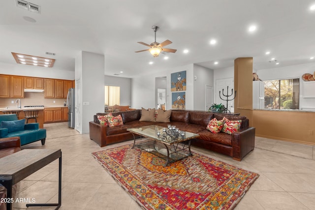 7145 E Cuernavaco Way, Gold Canyon, AZ 85118 - living room with ceiling fan, recessed lighting, visible vents, and light tile patterned floors