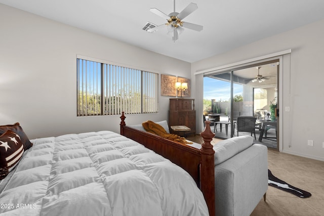 7145 E Cuernavaco Way, Gold Canyon, AZ 85118 - bedroom featuring baseboards, a ceiling fan, light tile patterned flooring, visible vents, and access to exterior
