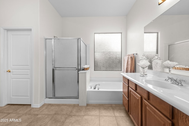7145 E Cuernavaco Way, Gold Canyon, AZ 85118 - bathroom with a shower stall, tile patterned floors, vanity, and a bath