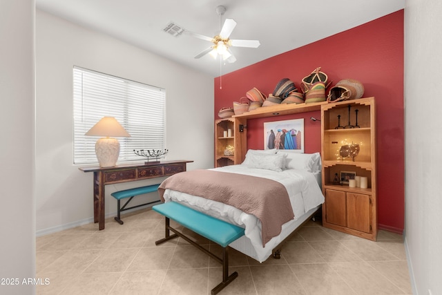 7145 E Cuernavaco Way, Gold Canyon, AZ 85118 - bedroom featuring ceiling fan, visible vents, baseboards, and light tile patterned flooring