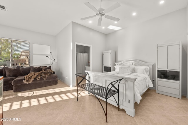 7145 E Cuernavaco Way, Gold Canyon, AZ 85118 - bedroom featuring light tile patterned flooring, a ceiling fan, visible vents, and recessed lighting