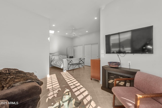 7145 E Cuernavaco Way, Gold Canyon, AZ 85118 - bedroom with light tile patterned floors, multiple closets, recessed lighting, and a ceiling fan