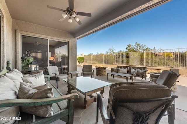 7145 E Cuernavaco Way, Gold Canyon, AZ 85118 - view of patio with a fenced backyard, a ceiling fan, and an outdoor living space with a fire pit