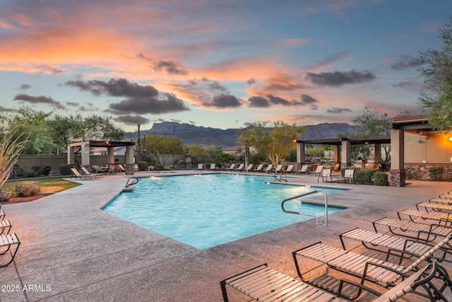 7145 E Cuernavaco Way, Gold Canyon, AZ 85118 - pool with a patio area, a mountain view, a gazebo, and fence