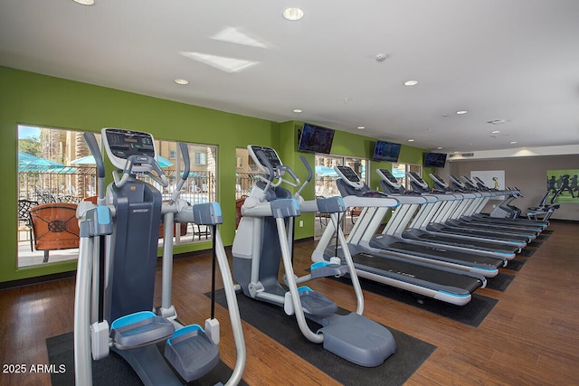 workout area featuring dark hardwood / wood-style floors