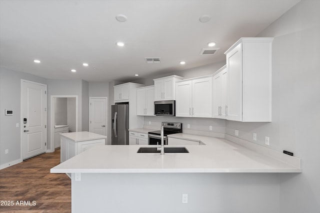 2511 W Queen Creek Rd Unit 116, Chandler, AZ 85248 - kitchen featuring stainless steel appliances, a sink, a center island, a peninsula, and dark wood-style flooring