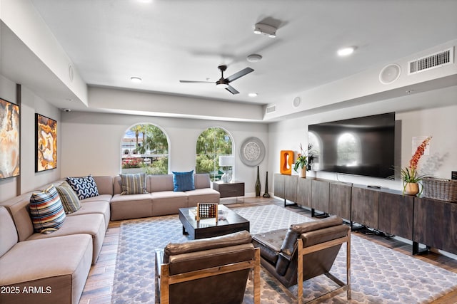 2511 W Queen Creek Rd Unit 116, Chandler, AZ 85248 - living area with wood finished floors, a ceiling fan, and recessed lighting