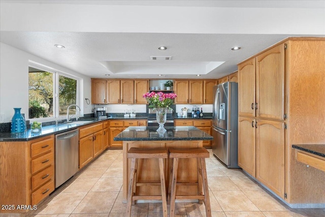 kitchen with a kitchen island, a breakfast bar, a tray ceiling, stainless steel appliances, and a sink