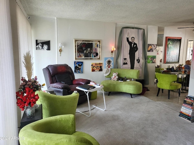 living area featuring a textured ceiling