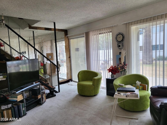 carpeted living room with a textured ceiling and plenty of natural light