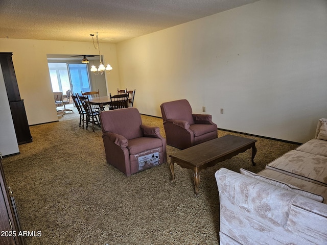 living area featuring carpet, a textured ceiling, and an inviting chandelier