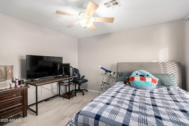 bedroom with a ceiling fan, visible vents, and baseboards