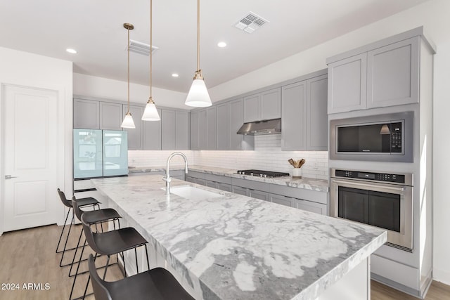 35612 N Lodestone Dr, San Tan Valley, AZ 85144 - kitchen with stainless steel appliances, a sink, gray cabinetry, light wood-type flooring, and light stone counters