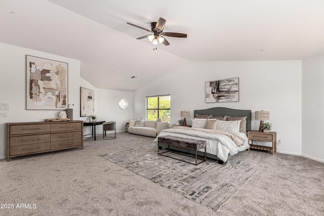 bedroom featuring baseboards, carpet flooring, a ceiling fan, and lofted ceiling
