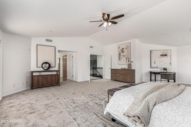 carpeted bedroom featuring baseboards, ceiling fan, vaulted ceiling, and visible vents