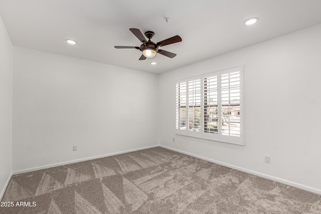 carpeted empty room with recessed lighting, ceiling fan, and baseboards