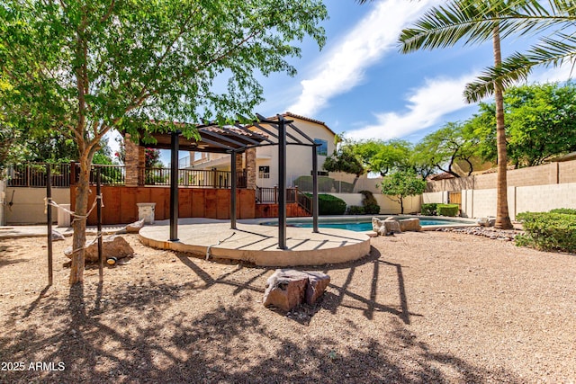 view of jungle gym with fence, a pergola, a patio, a fenced in pool, and an in ground hot tub