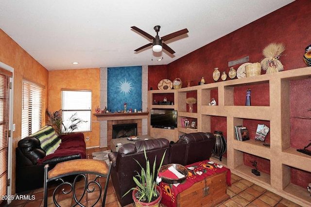14605 S 35th Pl, Phoenix, AZ 85044 - living area featuring a ceiling fan, a tiled fireplace, tile patterned floors, and recessed lighting