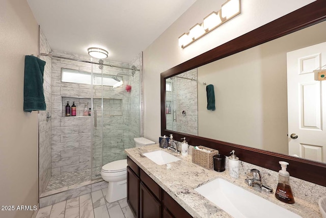 14605 S 35th Pl, Phoenix, AZ 85044 - bathroom with marble finish floors, a shower stall, toilet, and double vanity