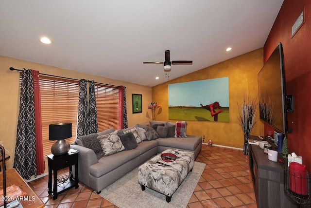 14605 S 35th Pl, Phoenix, AZ 85044 - living room with light tile patterned floors, ceiling fan, lofted ceiling, and recessed lighting