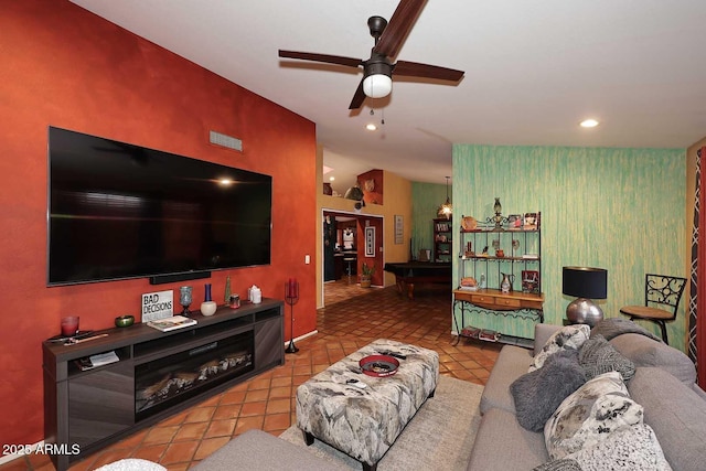 14605 S 35th Pl, Phoenix, AZ 85044 - living area with a ceiling fan, an accent wall, wallpapered walls, recessed lighting, and tile patterned floors