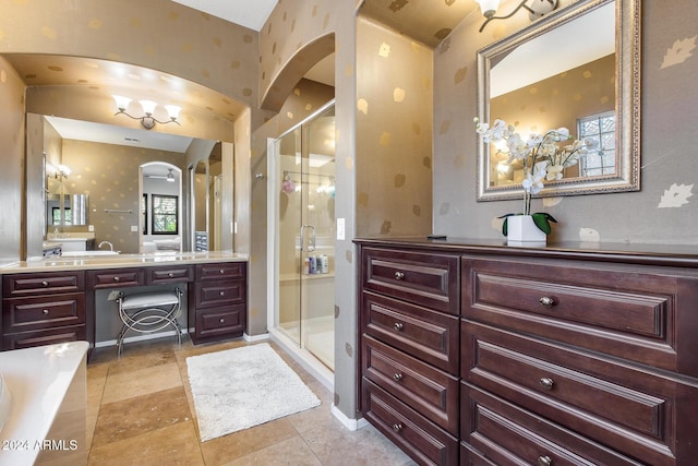 2340 W Horsetail Trl, Phoenix, AZ 85085 - full bath featuring wallpapered walls, a shower stall, vanity, and tile patterned flooring
