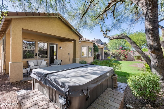 2340 W Horsetail Trl, Phoenix, AZ 85085 - wooden deck featuring a hot tub, outdoor lounge area, and a lawn