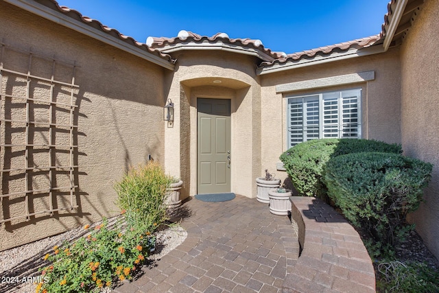 2340 W Horsetail Trl, Phoenix, AZ 85085 - entrance to property featuring stucco siding, a patio area, and a tiled roof