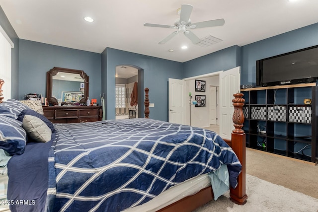 4123 S Wayne Pl, Chandler, AZ 85249 - bedroom featuring carpet flooring, arched walkways, a ceiling fan, and recessed lighting
