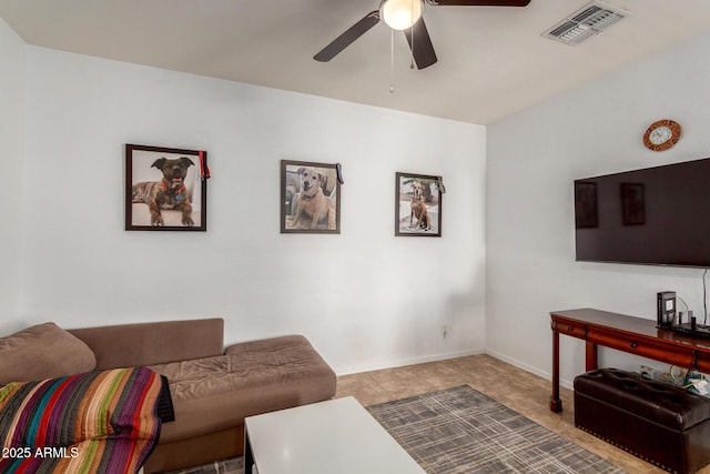 living area featuring visible vents, ceiling fan, and baseboards