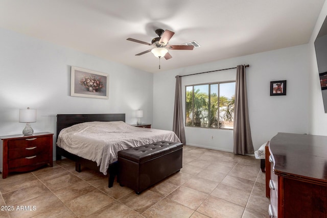 bedroom with a ceiling fan, visible vents, and baseboards