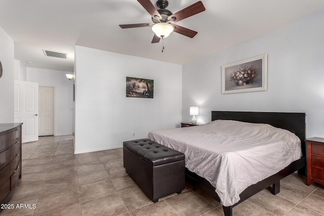 bedroom featuring a ceiling fan, visible vents, and baseboards