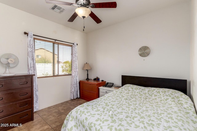 bedroom with visible vents, a ceiling fan, and tile patterned floors