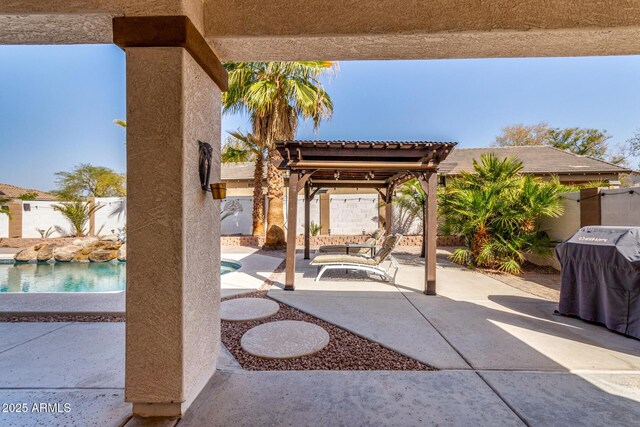 view of patio featuring a fenced backyard, a fenced in pool, grilling area, and a pergola