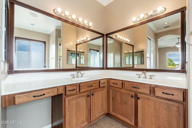 4253 N Yates Ave, Prescott Valley, AZ 86314 - full bathroom with crown molding, plenty of natural light, double vanity, a ceiling fan, and tile patterned floors