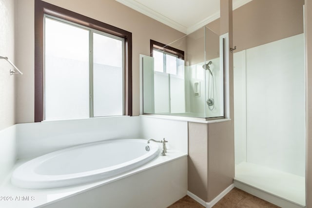 4253 N Yates Ave, Prescott Valley, AZ 86314 - full bath with walk in shower, a bath, crown molding, tile patterned floors, and baseboards