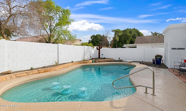 view of pool featuring a patio area, a fenced backyard, and a fenced in pool