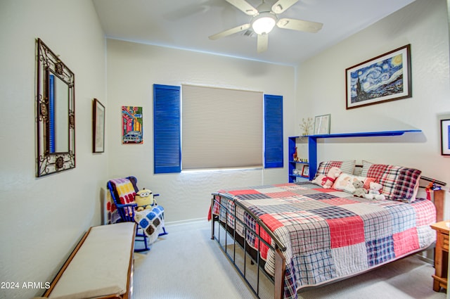 carpeted bedroom featuring ceiling fan