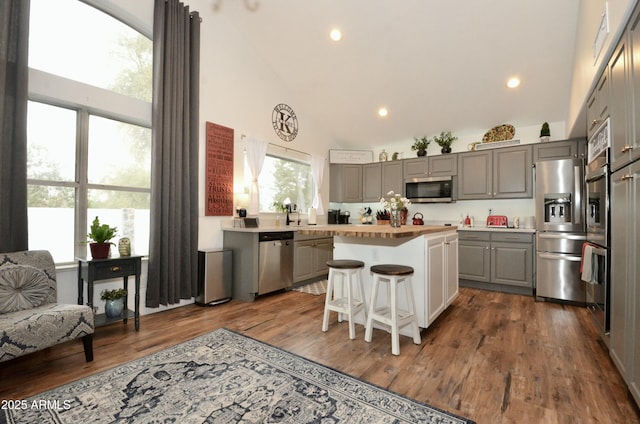 kitchen featuring gray cabinetry, wood counters, a kitchen island, dark wood-style floors, and appliances with stainless steel finishes