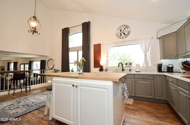 kitchen featuring butcher block countertops, gray cabinetry, a sink, dark wood finished floors, and a healthy amount of sunlight