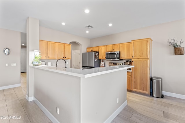 16404 S 18th Dr, Phoenix, AZ 85045 - kitchen featuring stainless steel appliances, a peninsula, baseboards, arched walkways, and recessed lighting