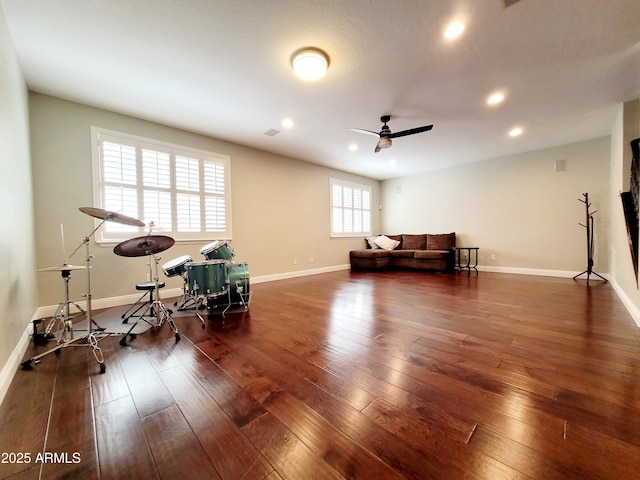 sitting room featuring recessed lighting, a ceiling fan, dark wood finished floors, and baseboards
