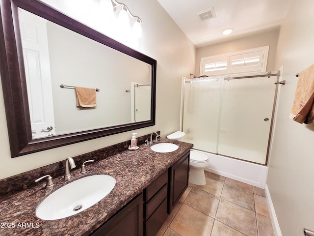 bathroom featuring a sink, toilet, double vanity, and visible vents